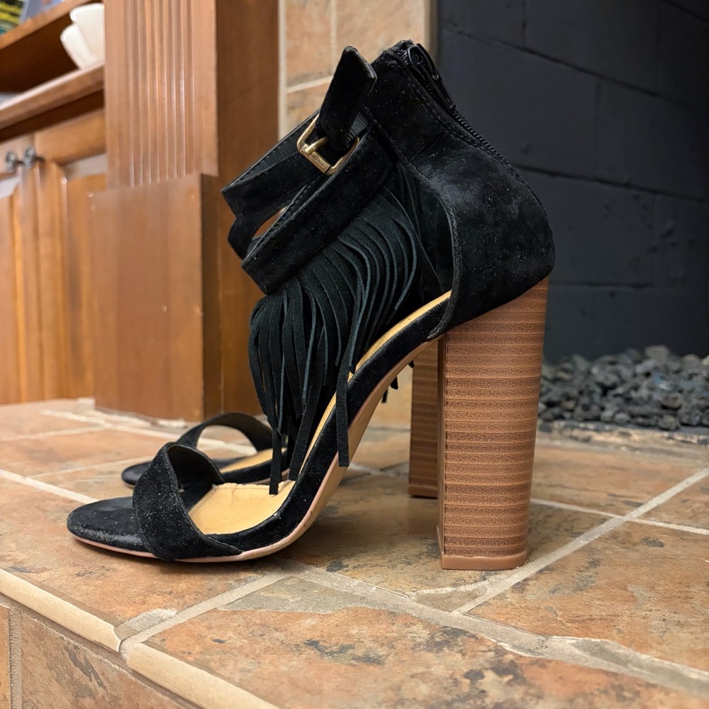 Fringed Suede Block Heels - Picture 2 of 8